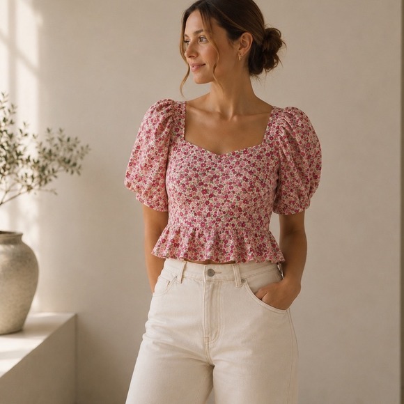 Amanda Uprichard Tops - Amanda Uprichard Natasha Blouse Women L Pink Floral Puff Sleeve Peplum Smocked